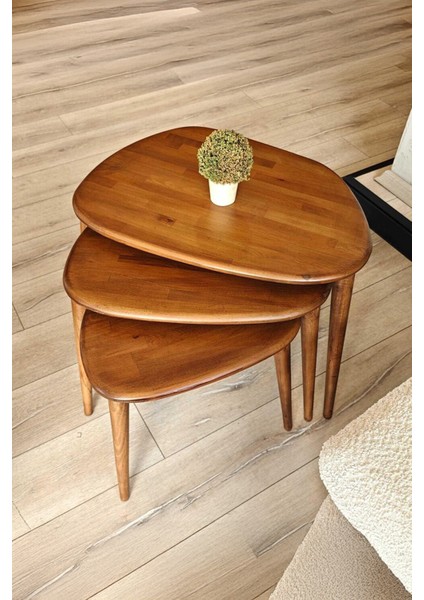 Fawdecor Asimetrik Masif Ahşap Doğal Modern Iskandinav Tarzı 3'lü Zigon Sehpa Seti