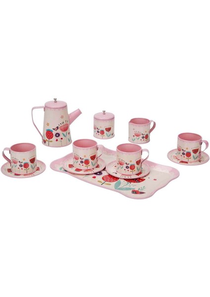 Çiçek Desenli Metal Çay Seti 12 Parça - Pembe