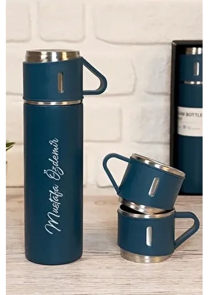 Kişiye Isme Özel Üçlü Bardak Paslanmaz Çelik Termos Seti 500ML Lacivert