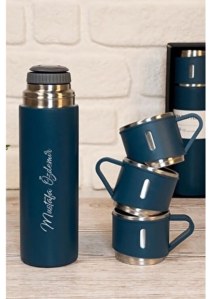 Kişiye Isme Özel Üçlü Bardak Paslanmaz Çelik Termos Seti 500ML Lacivert modelleri
