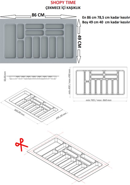 Çekmece Içi Kaşıklık ve Kepçelik Düzenleyici – Gri 86X49 cm (78,5X40 cm Kadar Kesilebilir) modelleri