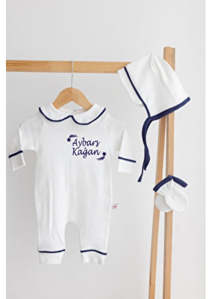 Isme Özel Baskılı Bonet Şapkalı 3'lü Pamuklu Tulum Seti