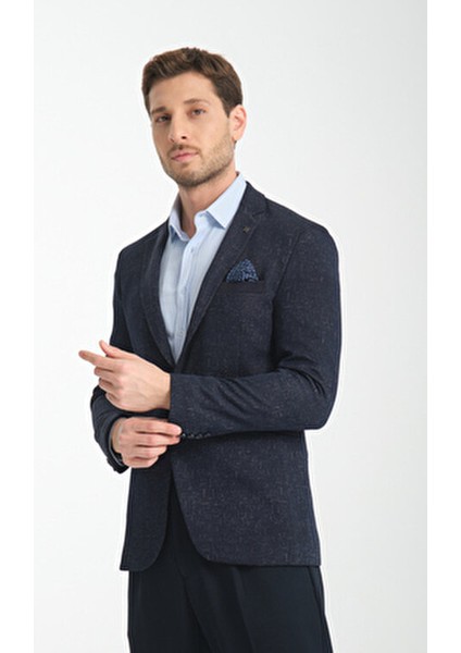 Takiro Erkek Lacivert Esneyen Kumaş Slim Fit Mono Yaka Spor Blazer Ceket