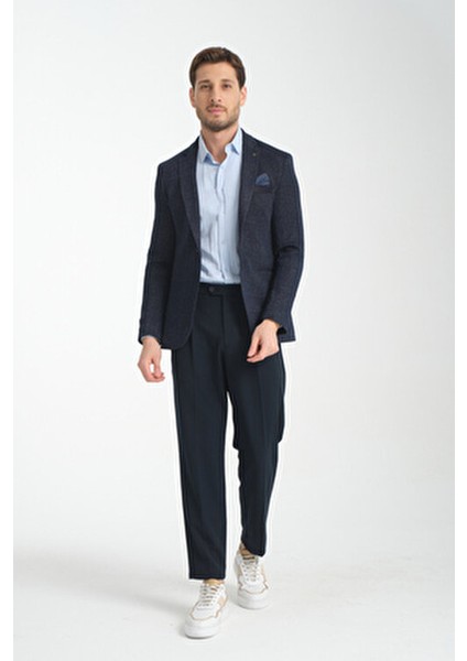 Takiro Erkek Lacivert Esneyen Kumaş Slim Fit Mono Yaka Spor Blazer Ceket