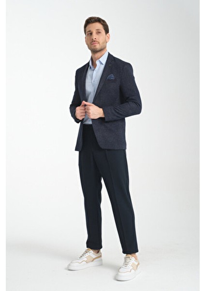 Takiro Erkek Lacivert Esneyen Kumaş Slim Fit Mono Yaka Spor Blazer Ceket
