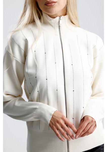 Fermuarlı Pike Örgü Taşlı Hırka,ceket