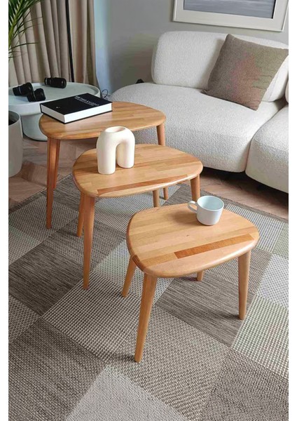 Fawdecor Asimetrik Masif Ahşap Doğal Modern Iskandinav Tarzı 3'lü Zigon Sehpa Seti modelleri