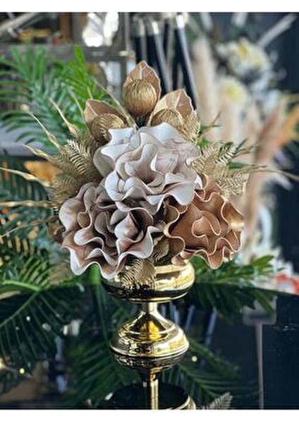 Yapay Çiçekli Gold Küçük Boy Metal Ayaklı Vazo