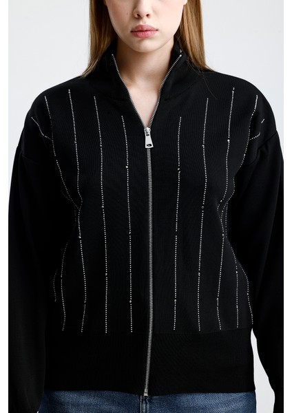 Fermuarlı Pike Örgü Taşlı Hırka,ceket