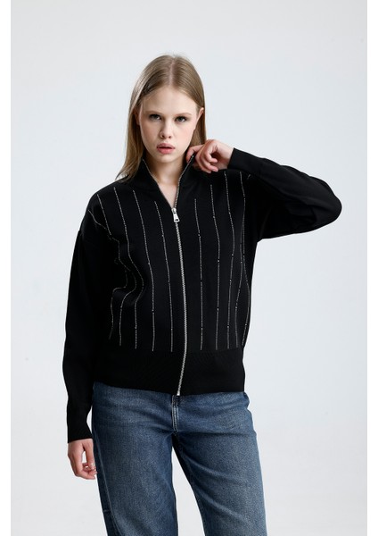 Fermuarlı Pike Örgü Taşlı Hırka,ceket modelleri