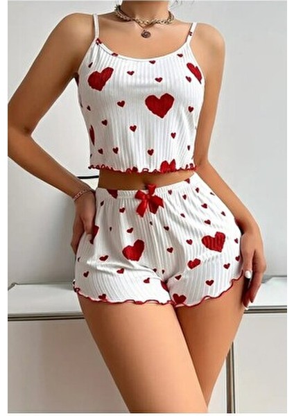 Kolsuz Pamuklu Pijama Takımı Kalp Desenli Fiyonklu Kırmızı