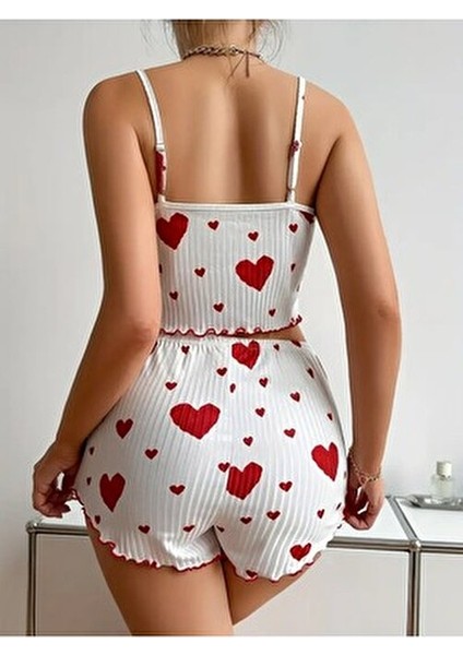 Kolsuz Pamuklu Pijama Takımı Kalp Desenli Fiyonklu Kırmızı fiyatları