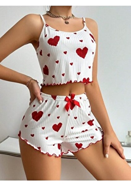 Kolsuz Pamuklu Pijama Takımı Kalp Desenli Fiyonklu Kırmızı modelleri