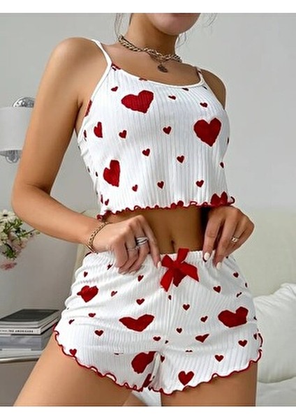 Kolsuz Pamuklu Pijama Takımı Kalp Desenli Fiyonklu Kırmızı fırsatları