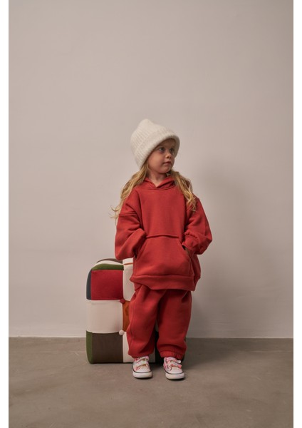 Kiremit Çocuk Kanguru Cepli Oversize Eşofman Takımı