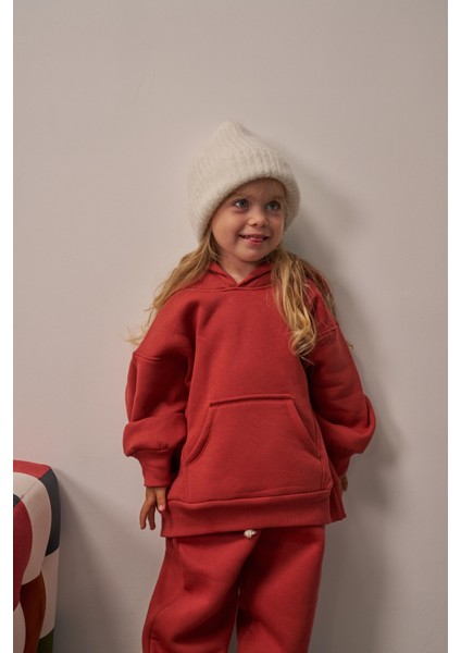 Kiremit Çocuk Kanguru Cepli Oversize Eşofman Takımı