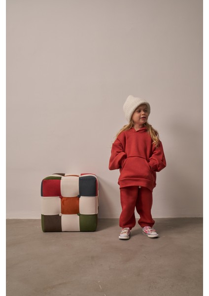 Kiremit Çocuk Kanguru Cepli Oversize Eşofman Takımı