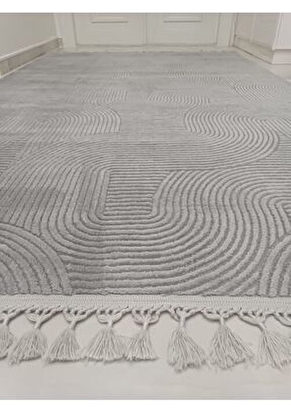 Modern Püsküllü Halı Antialerjik 10 mm Yıkanabilir Kaymaz Tabanlı Gri