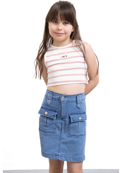Mavi Ön Cepli Beli Lastikli Kız Çocuk Jean Şort Etek 21122