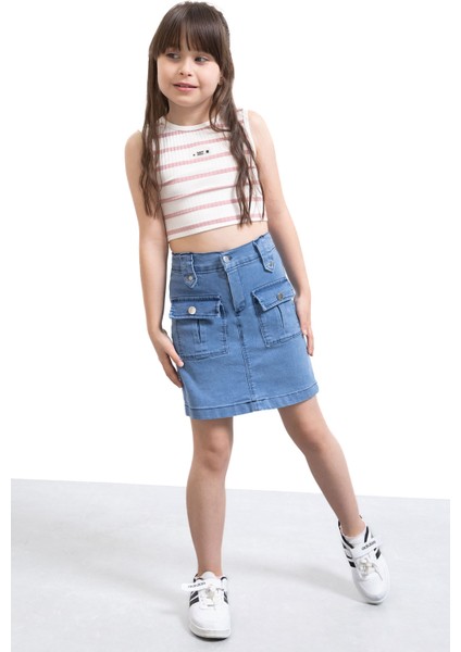Mavi Ön Cepli Beli Lastikli Kız Çocuk Jean Şort Etek 21122 fiyatları
