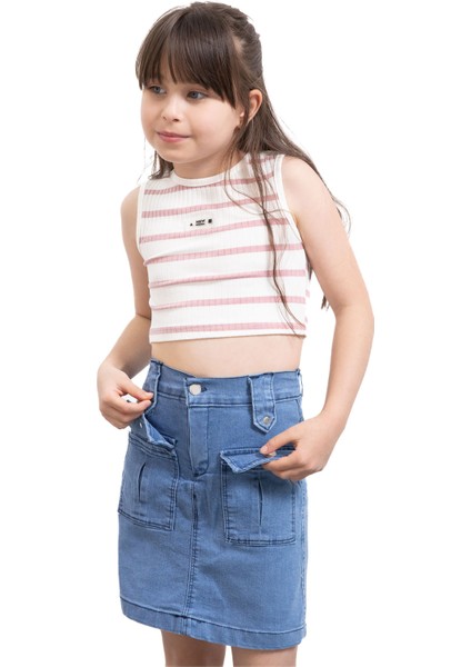Mavi Ön Cepli Beli Lastikli Kız Çocuk Jean Şort Etek 21122 modelleri