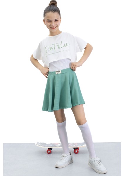Yeşil Beli Lastikli Fitilli Kız Çocuk Tenis Eteği 21041