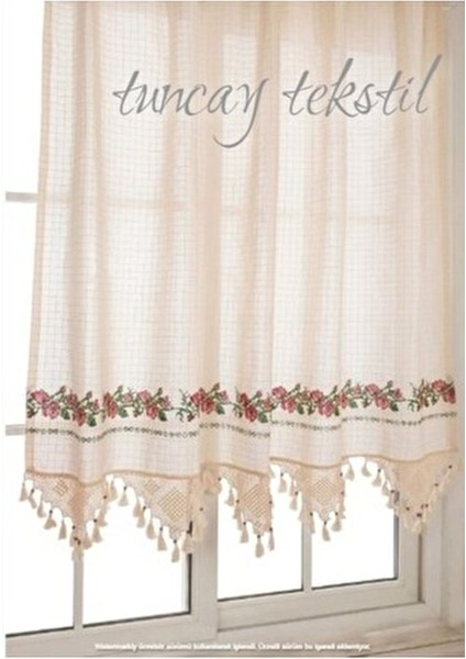 Kırmızı Kanaviçeli Buldan Işi Kanaviçe El Dantelli Kaneviçeli Keten Perde