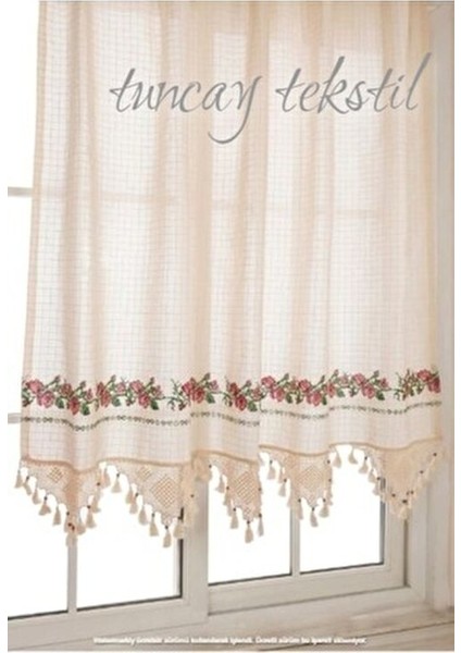 Kırmızı Kanaviçeli Buldan Işi Kanaviçe El Dantelli Kaneviçeli Keten Perde fiyatları