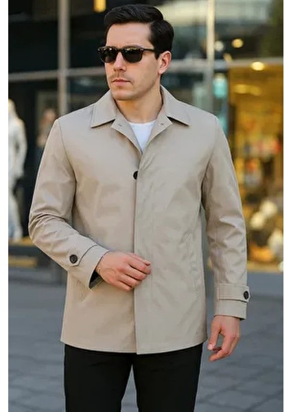 Su Itici Trençkot Erkekler İçin Klasik Yaka Bej Renk Uzun Kollu Tasarım