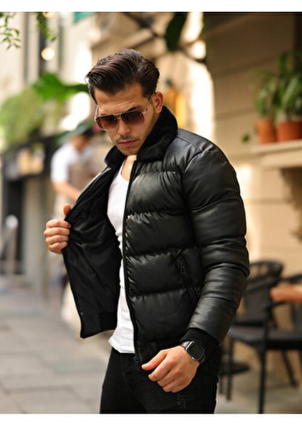 Erkek Siyah Şişme Deri Mont