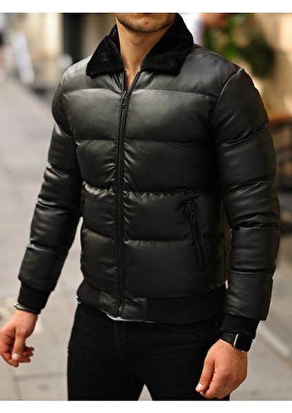 Erkek Siyah Şişme Deri Mont modelleri