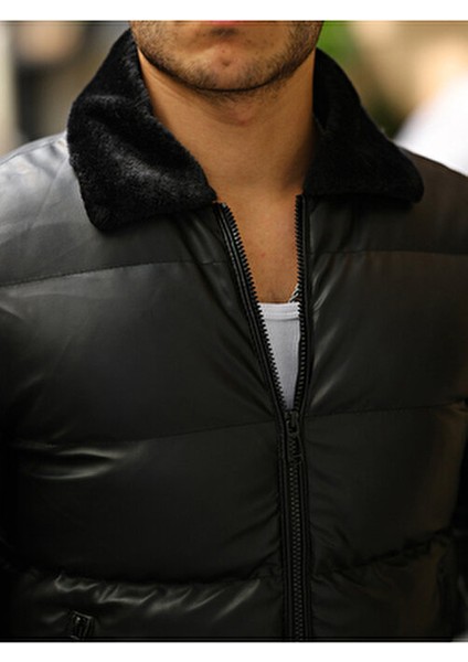 Erkek Siyah Şişme Deri Mont fırsatları
