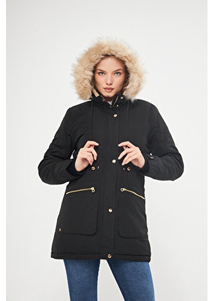 Kadın Siyah Kapüşonlu Kapüşondaki Kürkü Çıkartılabilen Kürk Astarlı Kalın Kaban 5565-1 fırsatları