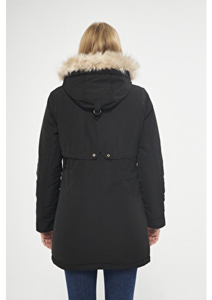 Kadın Siyah Kapüşonlu Kapüşondaki Kürkü Çıkartılabilen Kürk Astarlı Kalın Kaban 5565-1 indirimleri