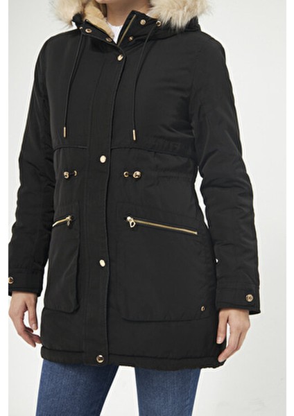 Kadın Siyah Kapüşonlu Kapüşondaki Kürkü Çıkartılabilen Kürk Astarlı Kalın Kaban 5565-1