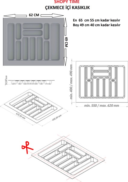 Çekmece Içi Kaşıklık ve Kepçelik Düzenleyici – Gri 62X49 cm (55X40 cm Kadar Kesilebilir) modelleri