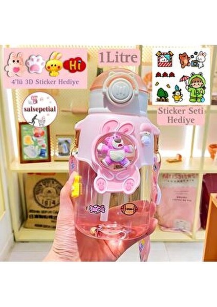 Ayıcık Figürlü Su Matarası 1000ML Plastik Matara Renkli Tasarım