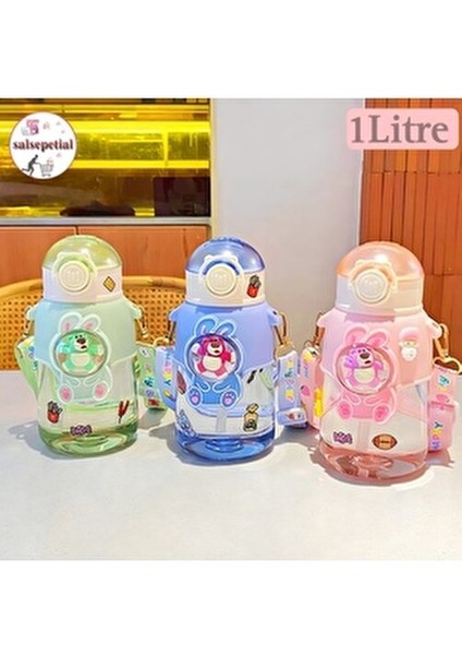 Ayıcık Figürlü Su Matarası 1000ML Plastik Matara Renkli Tasarım