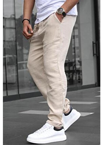 Bej Müslin Kumaş Erkek Basic Pantolon 6507 Yüksek Bel İnce Dokuma Kumaş