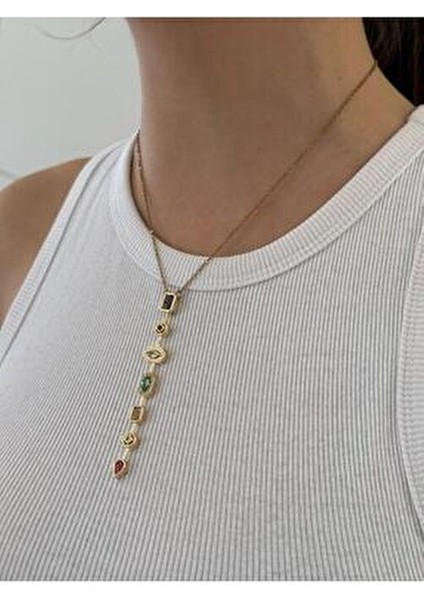 Y Kolye Renkli Taşlı Çelik Kolye Trend Kadın Kolye