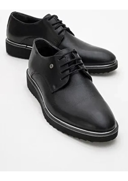 Erkek Klasik Ayakkabı Rugan ve Mat Siyah Renk Poliüretan Taban ile Düz Topuk