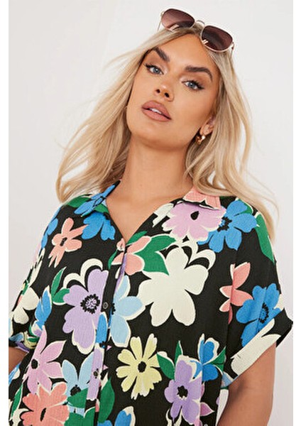 Büyük Beden Kadın Çiçek Desenli Kısa Kollu Düğmeli Gömlek 303964 Günlük Stil fırsatları
