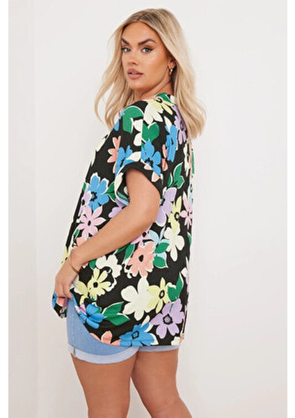 Büyük Beden Kadın Çiçek Desenli Kısa Kollu Düğmeli Gömlek 303964 Günlük Stil indirimleri