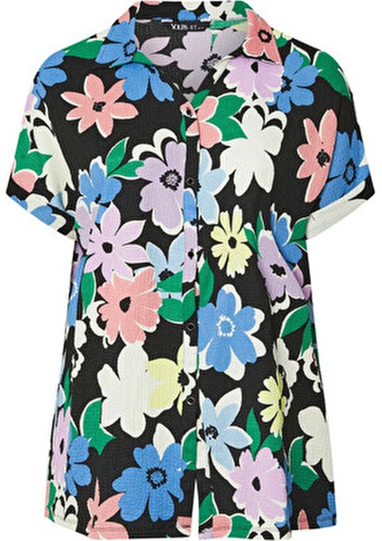 Büyük Beden Kadın Çiçek Desenli Kısa Kollu Düğmeli Gömlek 303964 Günlük Stil