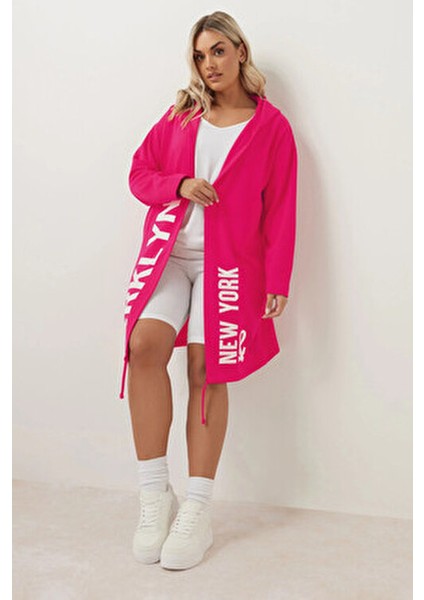 Büyük Beden Kapüşonlu Uzun Kollu Yazı Baskılı Cepsiz Hırka 303983