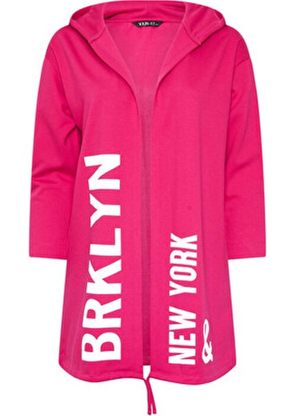 Büyük Beden Kapüşonlu Uzun Kollu Yazı Baskılı Cepsiz Hırka 303983