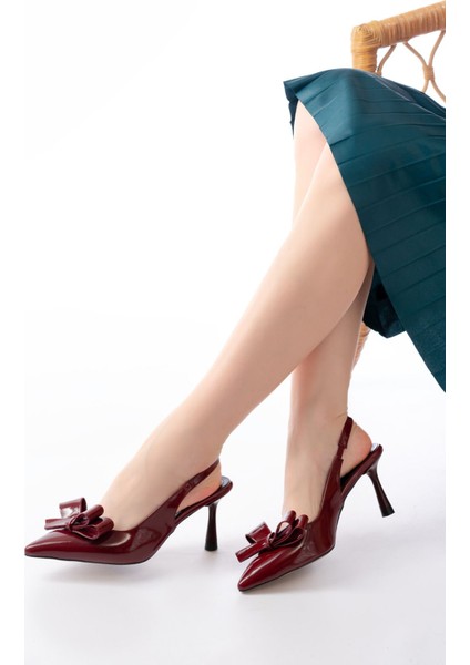 İNF-4501 Bordo Rugan Günlük Arkası Açık Fiyonklu Topuklu Bayan Ayakkabı