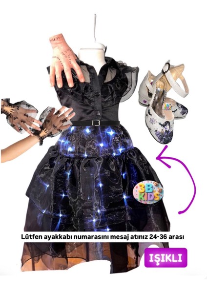 Wednesday Işıklı Elbise + Wednesday Topuklu Ayakkabı + Wednesday El + Tül Eldiven Seti Doğumgünü