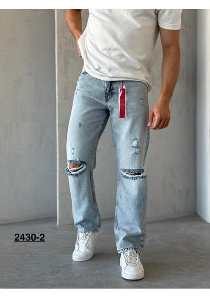 Denım Man Erkek Mavi Yırtık Detaylı Baggy Jeans Pantolon