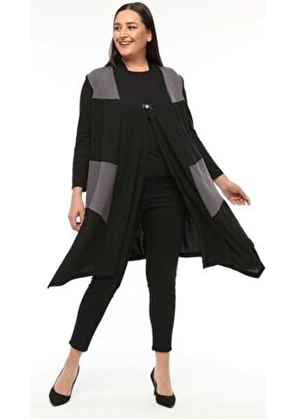 Büyük Beden Kadın Baharlık Yazlık Anne Yüksek Kalite Örme Uzun Asimetrik Siyah Yelek